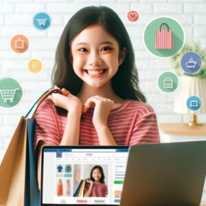 A girl standing next to a laptop displaying an online store, holding shopping bags.