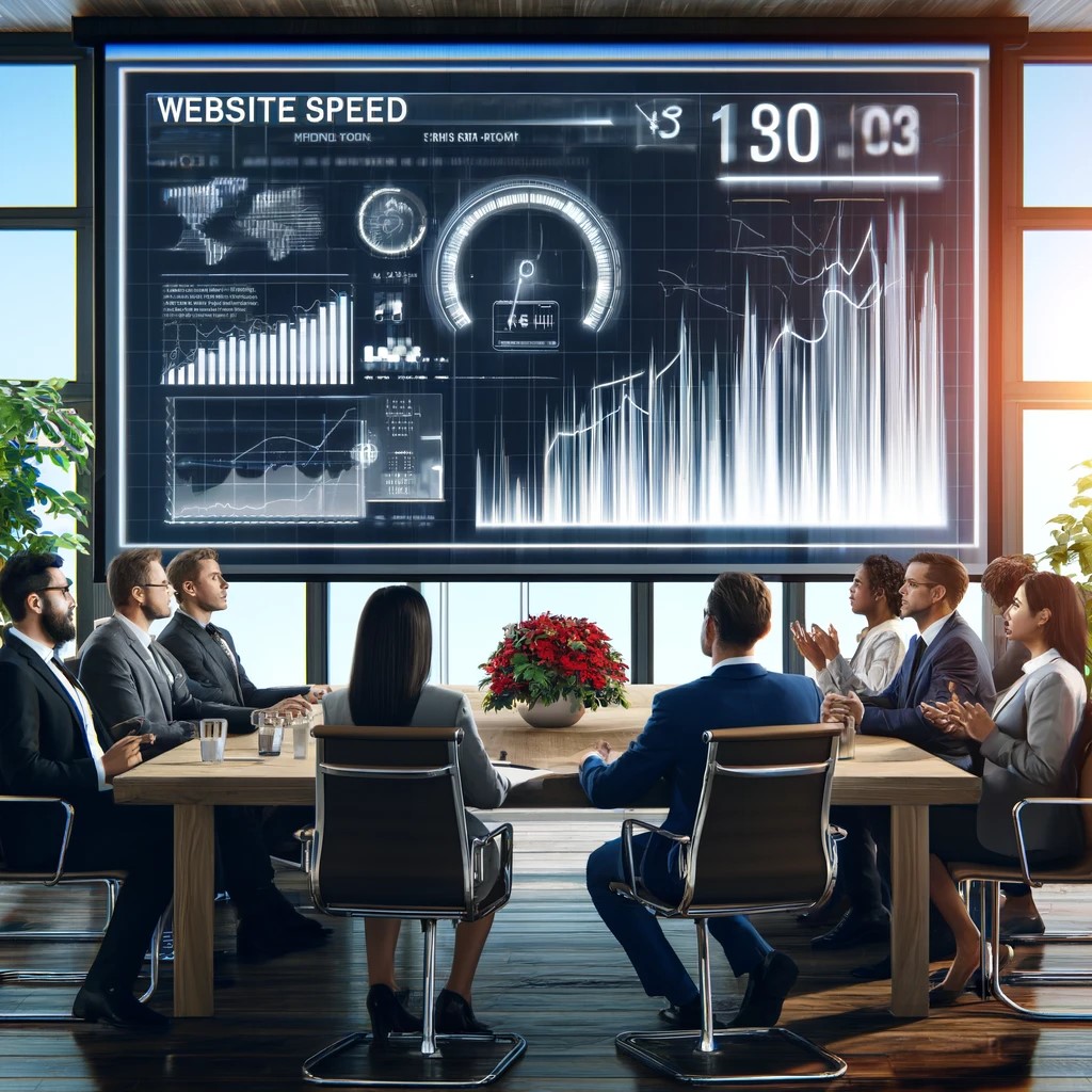 A group of business professionals in a meeting room, discussing website speed optimization.