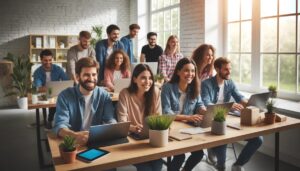 Web Accessibility Optimization: A group of diverse and happy people working on laptops and tablets in a bright, modern office.