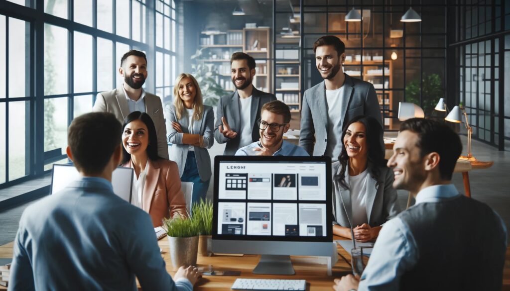 A group of diverse, smiling professionals discussing website design in a modern office.