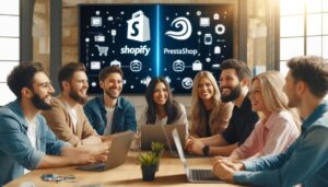 A group of diverse, smiling professionals in a modern office, discussing and comparing Shopify and PrestaShop on their laptops.