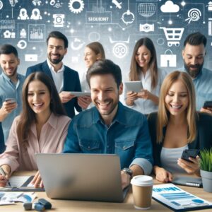 A group of men and women in an ecommerce setting with laptops and smartphones