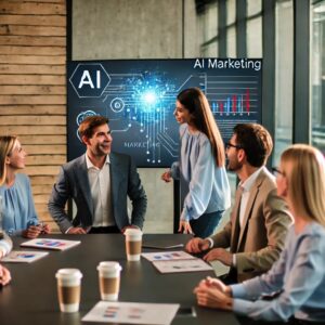 A group of professionals discussing AI marketing strategies.