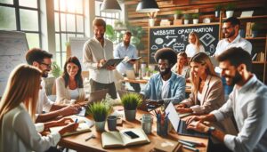 A group of professionals in a modern office setting discussing website optimization strategies.