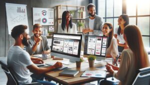 A group of smiling professionals discussing website design in a modern office.