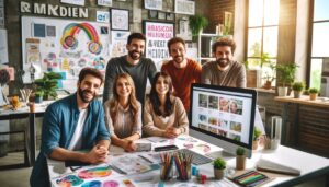 A group of smiling web designers discussing the use of imagery and multimedia in website design.