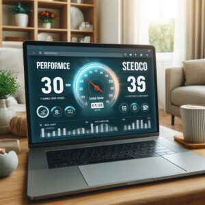 A laptop screen displaying a website with performance metrics and speed indicators, emphasizing quick load times.