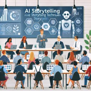 A live webinar session featuring a diverse group of AI professionals discussing storytelling techniques.