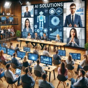 A live webinar session featuring a diverse group of professionals discussing AI solutions.