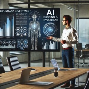 A marketing expert creating a promotional presentation showcasing AI funding and investment