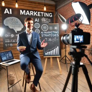 A marketing expert creating a promotional video for AI marketing strategies in a modern studio.