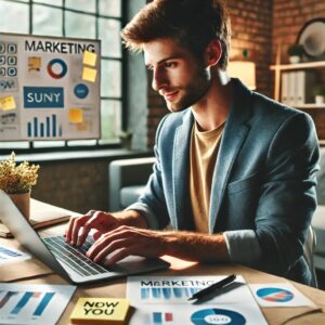 A marketing expert creating personalized marketing messages on a laptop.