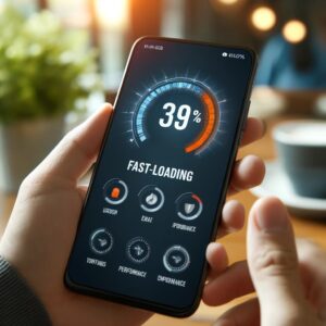 A mobile phone displaying a fast-loading website with performance metrics and speed indicators.