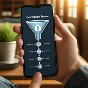 A mobile phone displaying a simplified conversion funnel with stages from awareness to action, emphasizing user engagement.