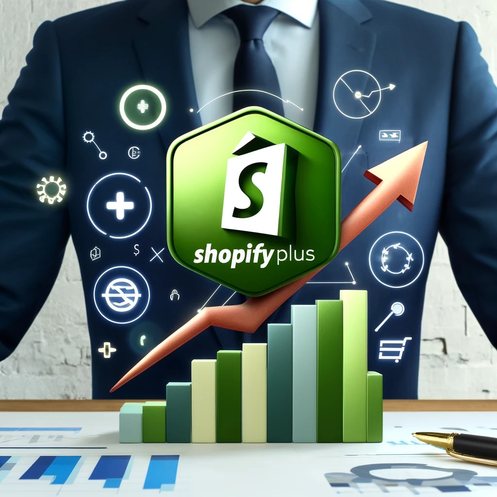 A professional image featuring the Shopify Plus logo prominently displayed with various elements representing scalability and growth