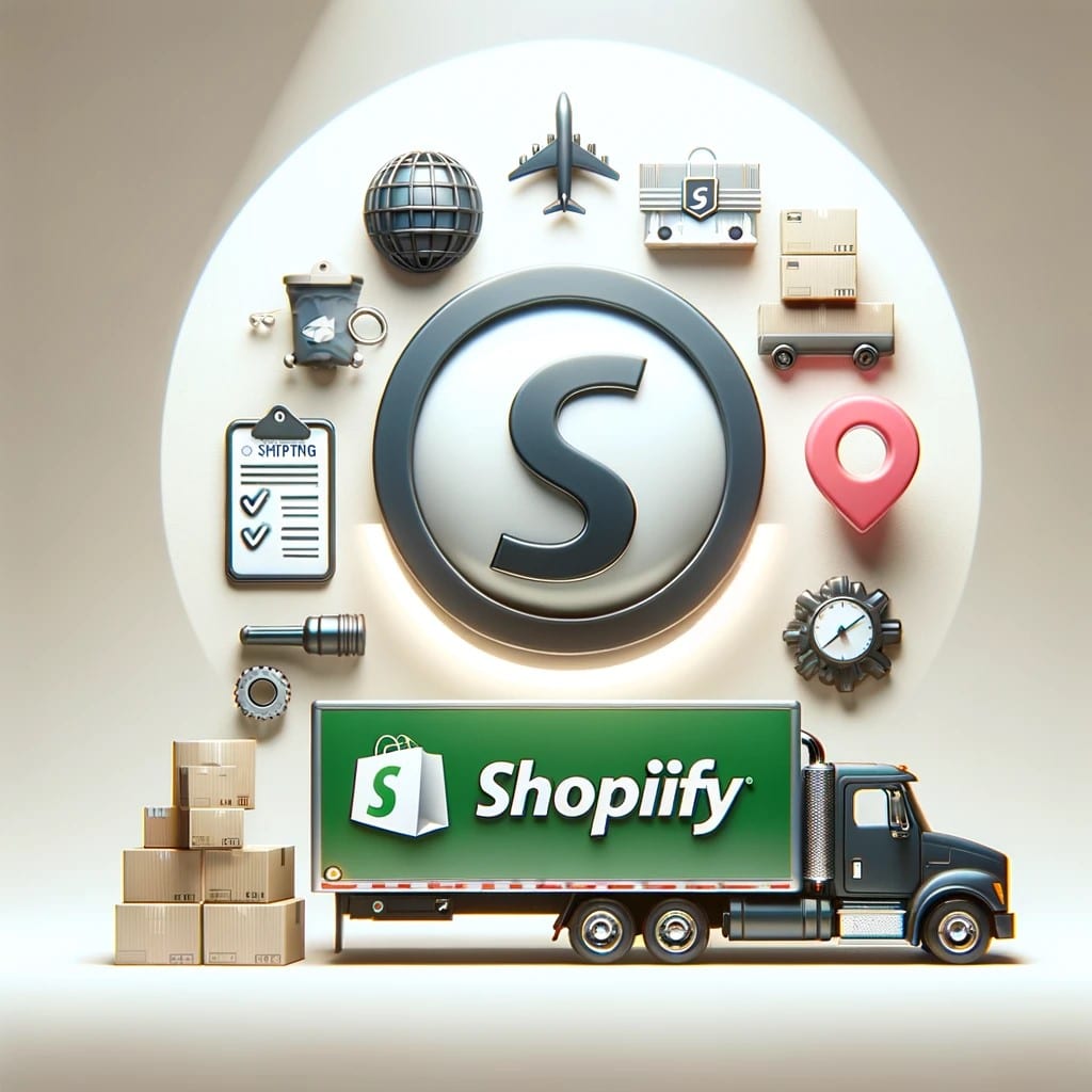 A professional, sleek image featuring the Shopify logo prominently displayed with various shipping options