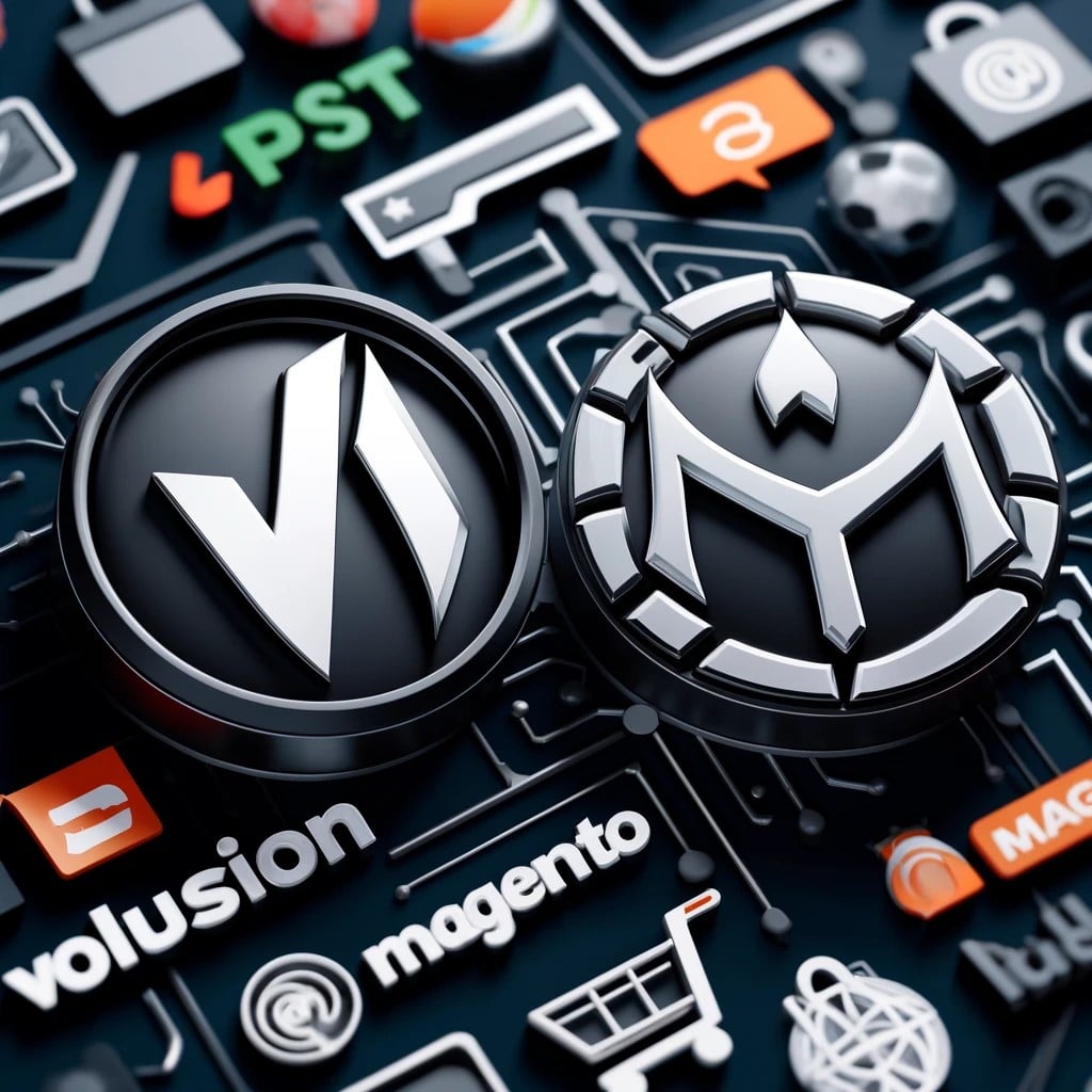 A professional, sleek image featuring the logos of Volusion and Magento prominently displayed.