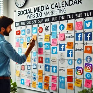 A social media manager creating a social media calendar on a whiteboard.