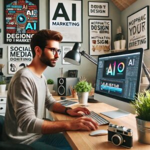 A social media manager creating content for AI marketing on a computer in a stylish home office.