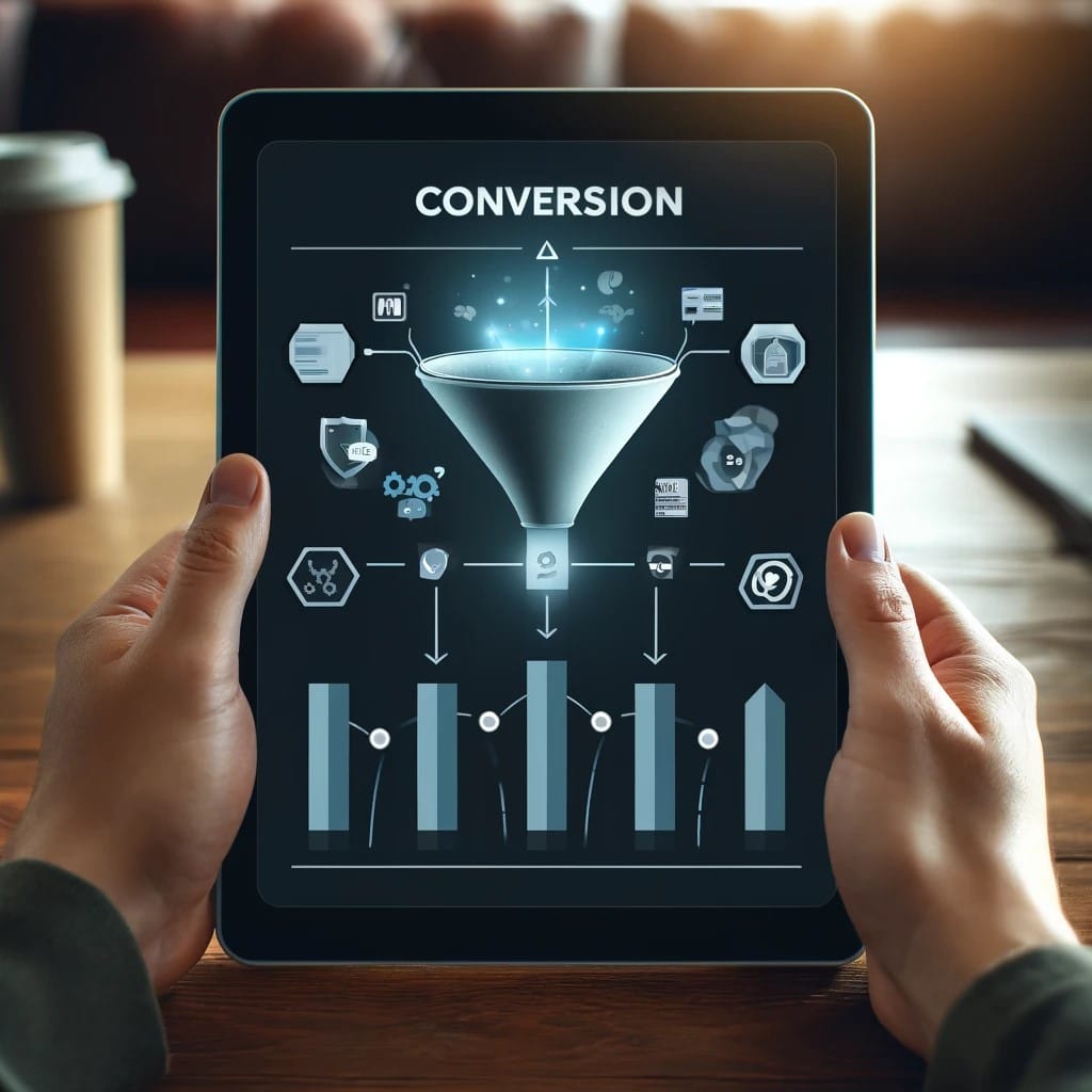 A tablet displaying a website with a conversion funnel graphic, showcasing different stages and metrics.