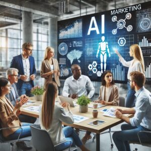 A team of marketing professionals collaborating on AI marketing strategies