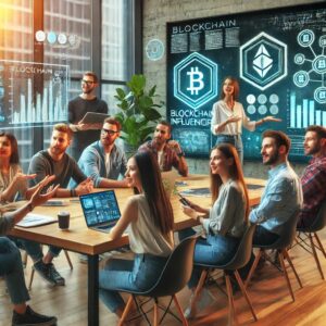 A live webinar session featuring blockchain influencers discussing marketing strategies.