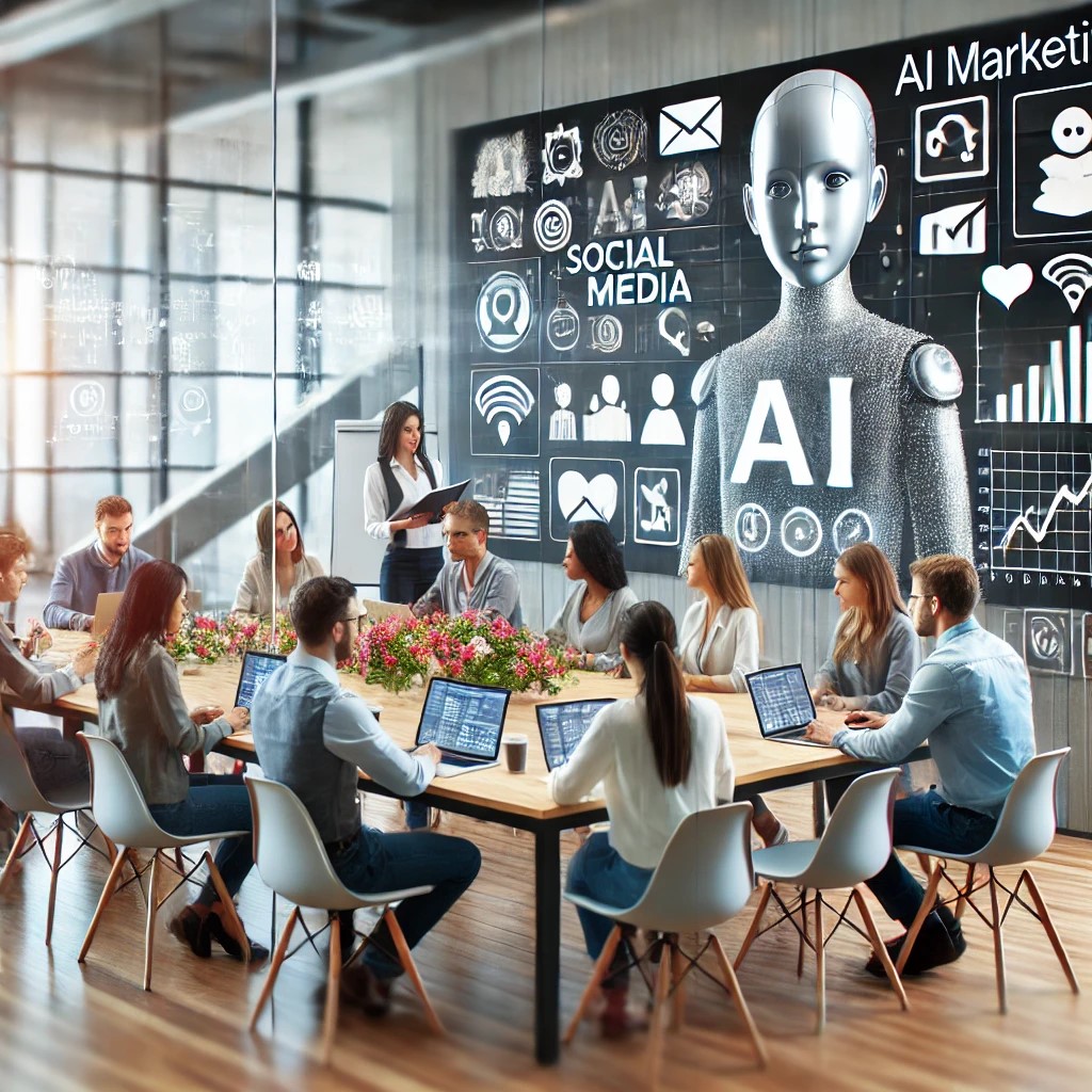 A social media manager creating content for AI marketing on a computer in a stylish home office.