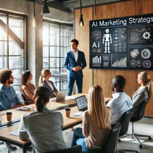 A diverse group of professionals discussing AI marketing strategies