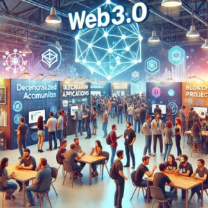 An image of a Web3.0 community event with a diverse group of participants