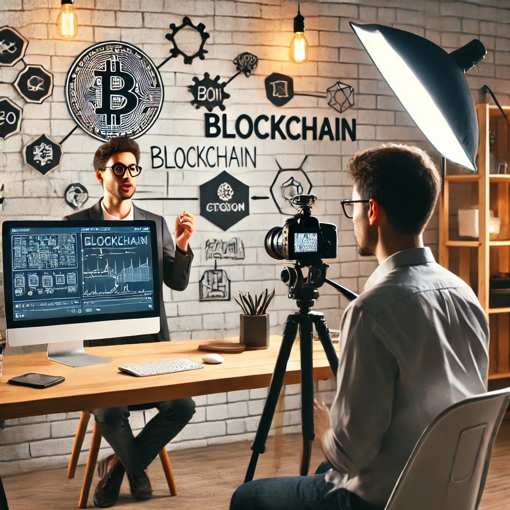 An image of a blockchain expert creating educational content in a modern studio setting.