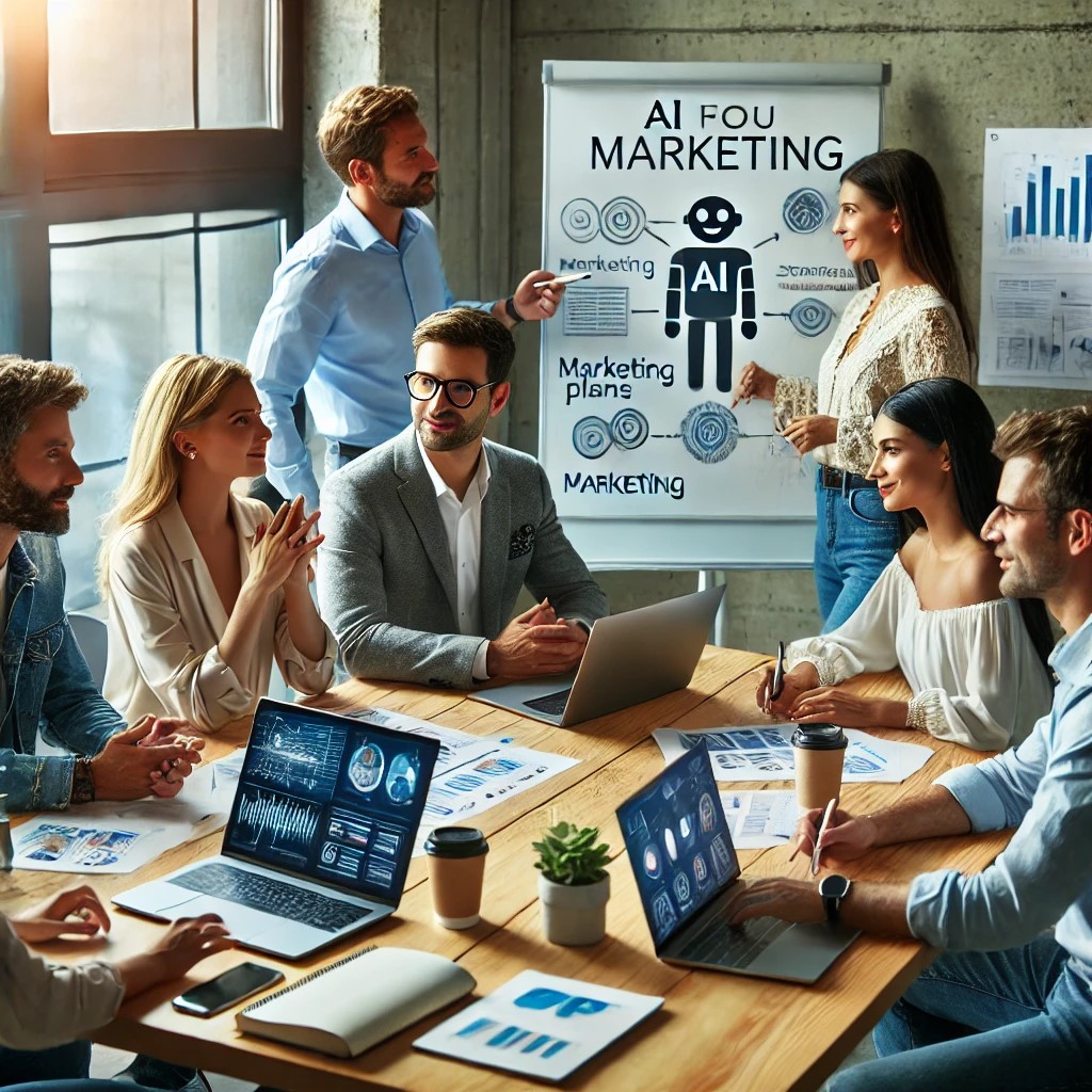 An image of a diverse team of AI company professionals Creating a Comprehensive AI Marketing Plan