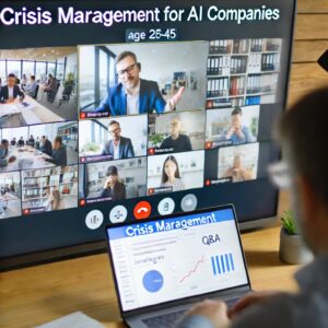 An image of a live webinar session about crisis management for AI companies, with a presenter