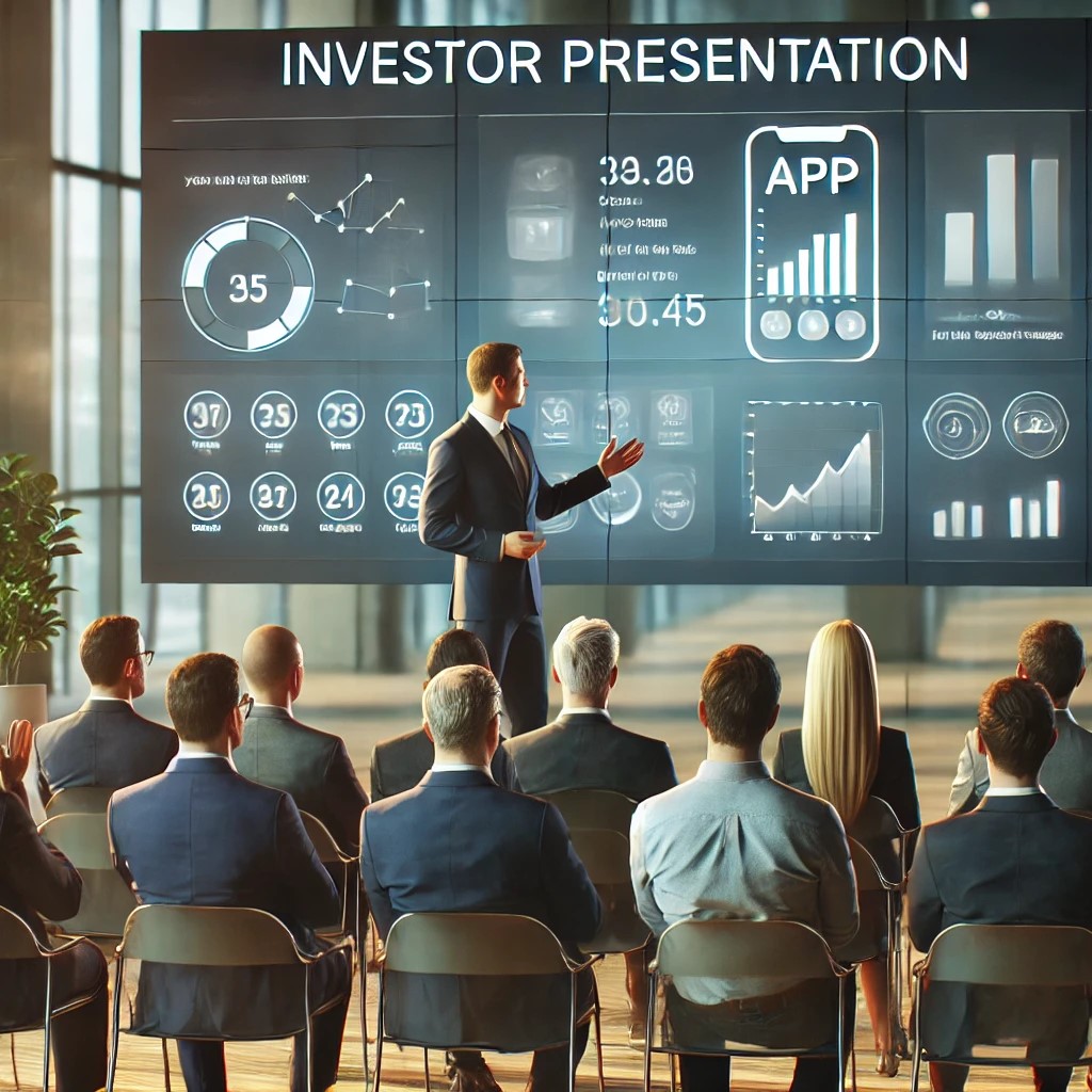 An image of an investor presentation event in a modern conference hall.