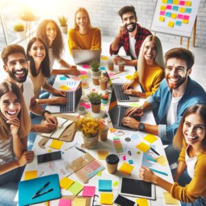 Bright image with people smiling, brainstorming around a table in a creative workspace.