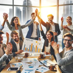 Bright image with people smiling, celebrating a successful project in an office.