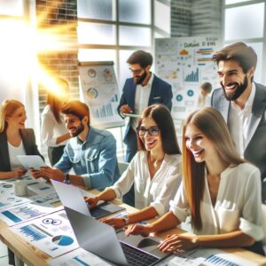 Bright image with people smiling, discussing and working together in a modern office setting.