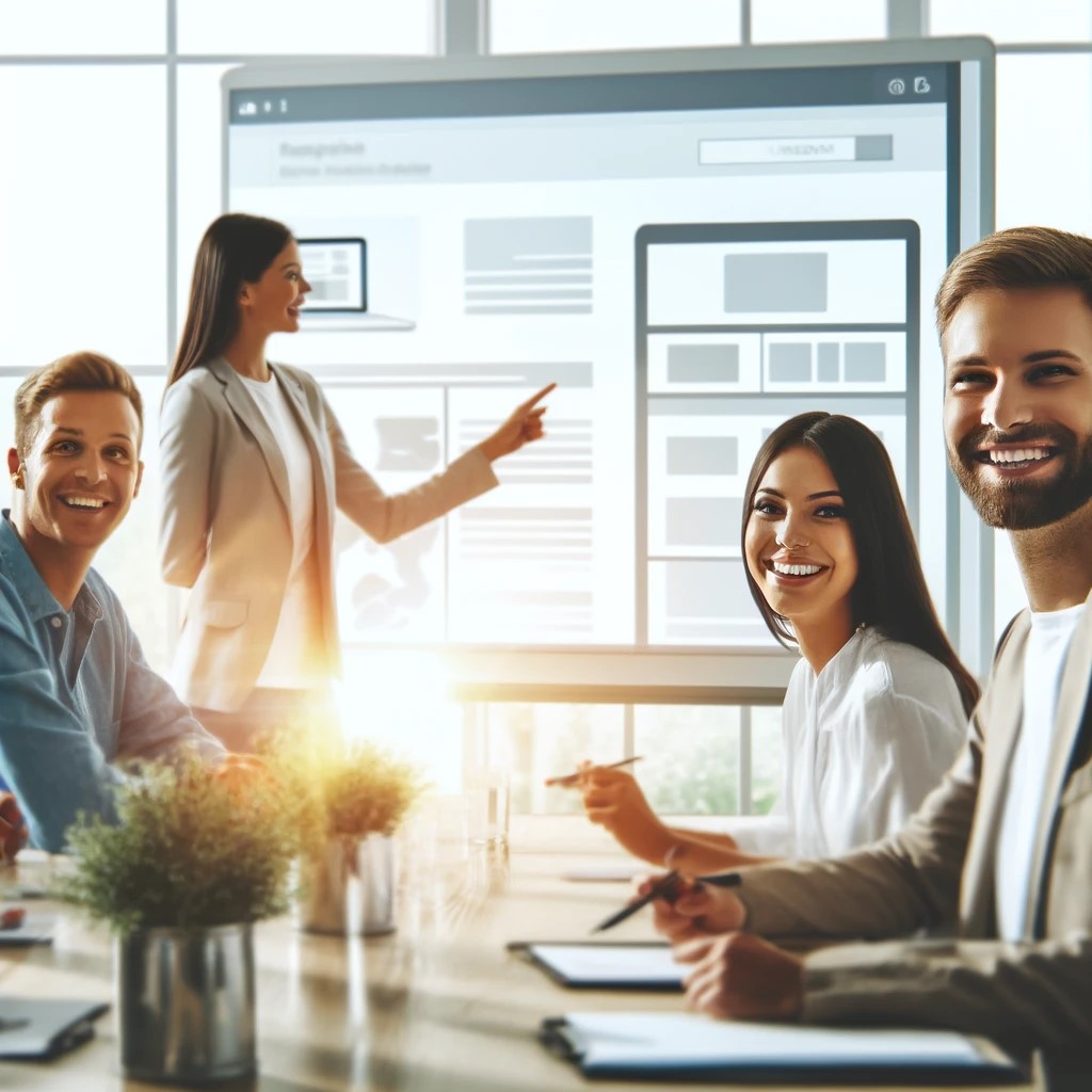 Image with people smiling, collaborating on a project in a creative workspace.