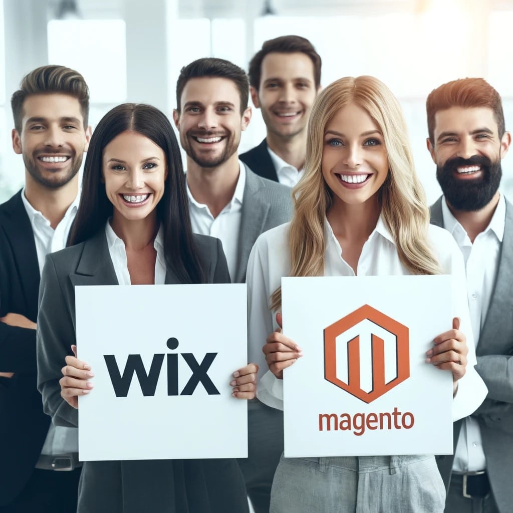 Bright image with people smiling, holding signs that say 'Wix' and 'Magento' in prominent type.