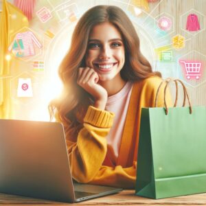 Common ecommerce Website Issues - A girl holding a shopping bag next to a laptop displaying