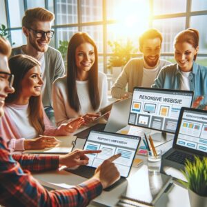 Image with people smiling, working on laptops and tablets in a modern office.