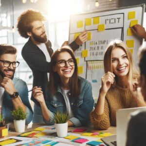 People smiling and working together on a project in a creative workspace.