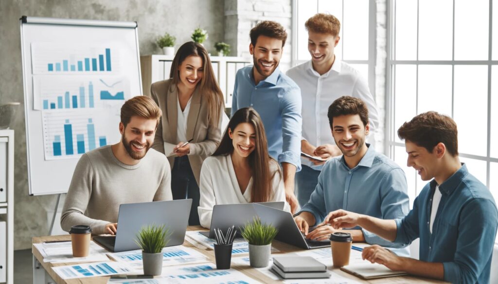 Professionals collaborating in a bright office, using laptops and whiteboards to discuss conversion rate optimization strategies.