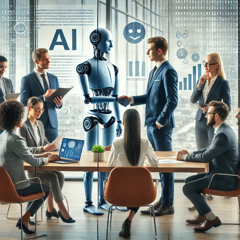 A diverse group of AI business executives reviewing and discussing a partnership agreement.