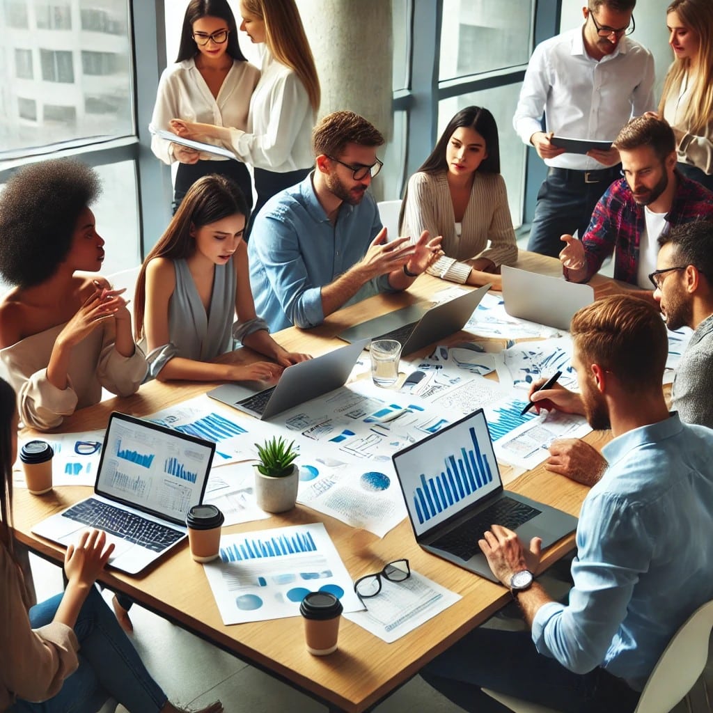 A diverse group of professionals collaborating on a project.
