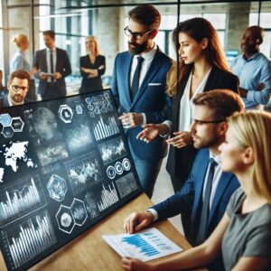 A diverse group of professionals discussing and analyzing data on a large screen.