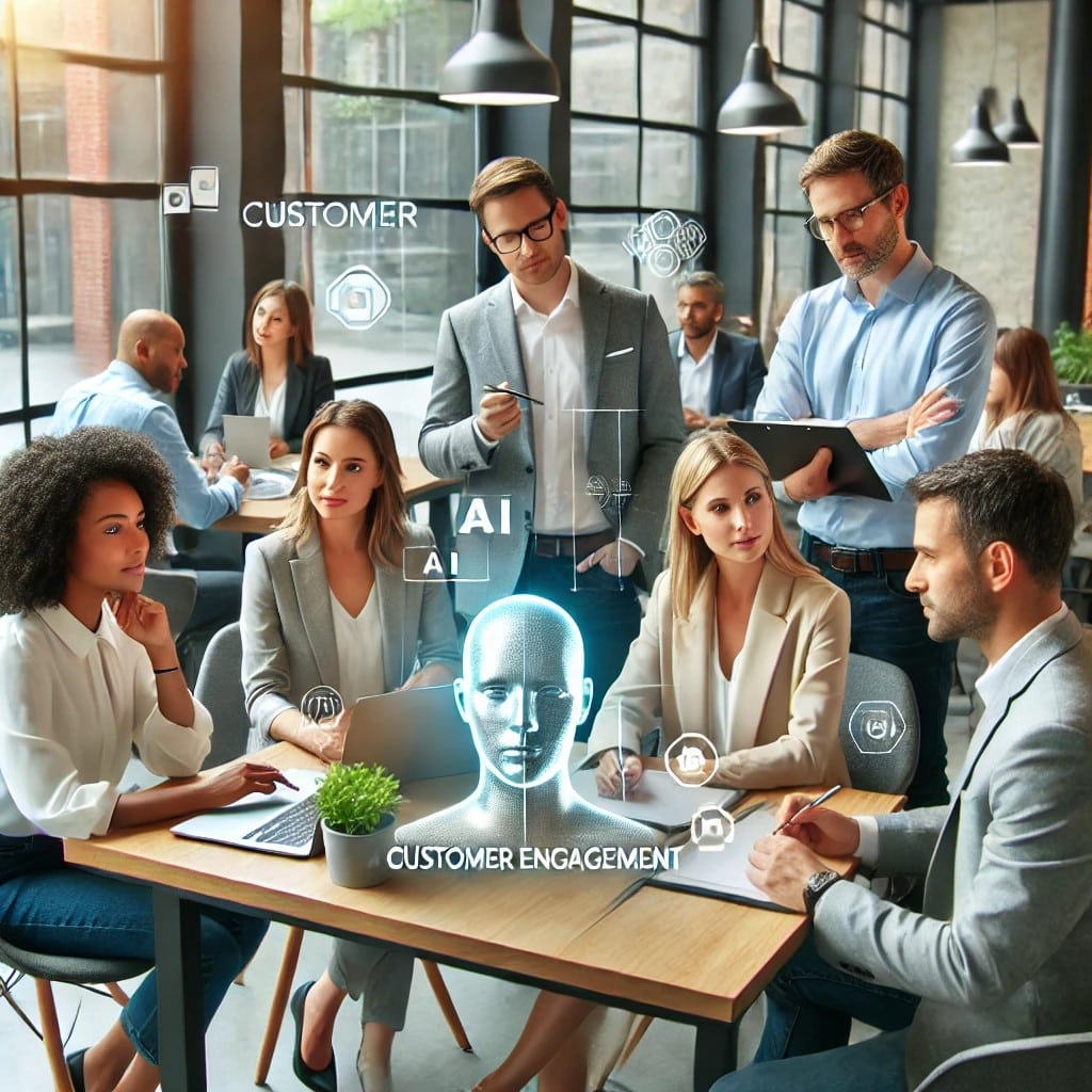 A diverse group of professionals discussing strategies for customer engagement.