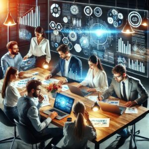 A group collaborating on a project, focusing on customer engagement strategies using AI technologies.