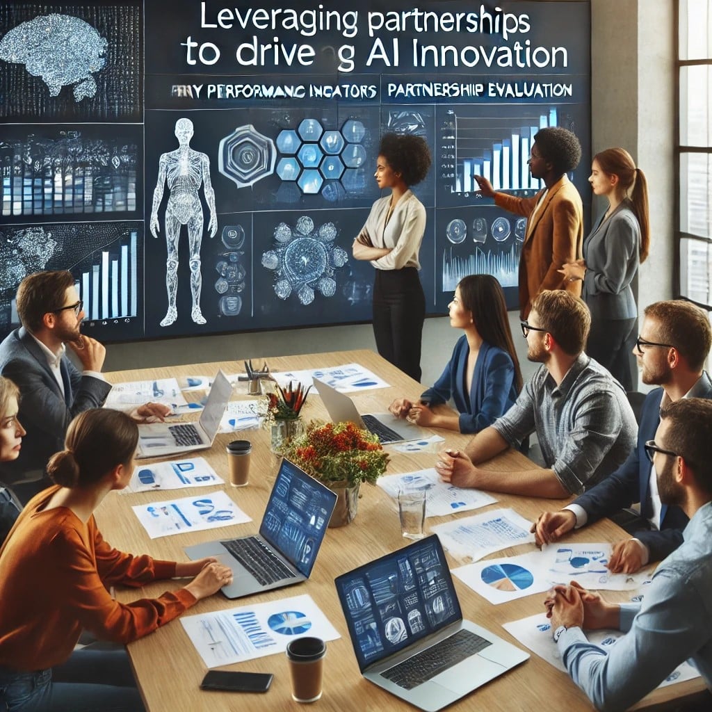 A group collaborating over strategies for leveraging partnerships to drive AI innovation.
