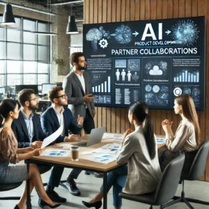 A group of professionals discussing partner collaborations for AI product development.