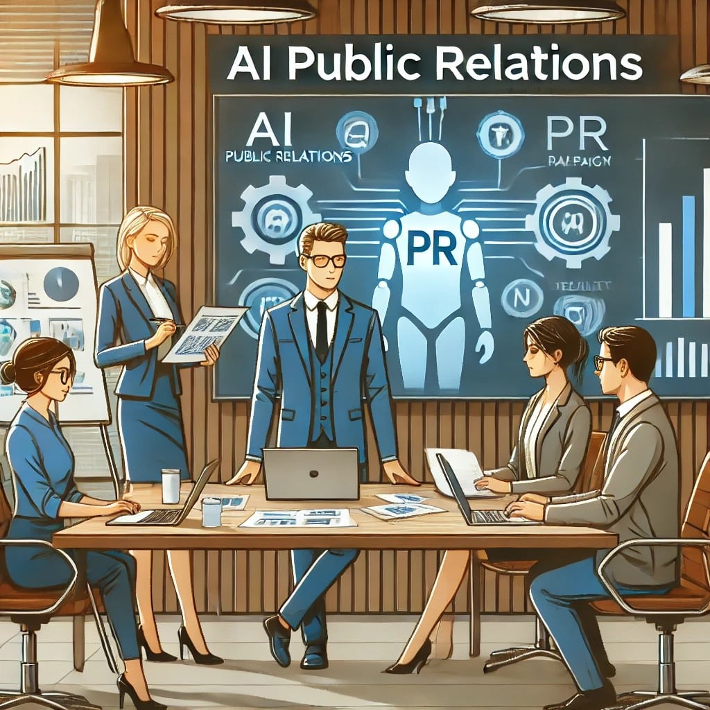 A professional team of AI public relations specialists collaborating on a PR campaign.